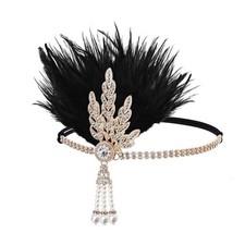 1920s Flapper Headband Black Feather Crystal Exquisite Sequin Hair Band Gold