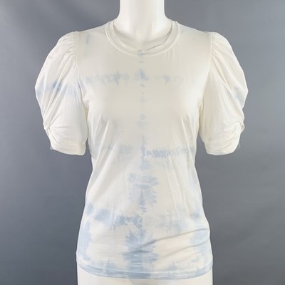 A. L.C.GRÖSSE XS Weiß Blau Trikot Batik Rüschen Rundhals Freizeit Top
