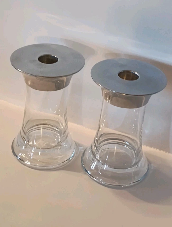 Set Ralph Lauren Clear Candlestick Holders 5" Chrome Like Top Unique Decorative - Image 3 of 4