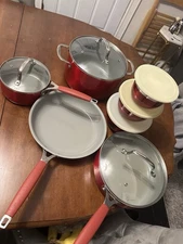 Food Network Set Of 2 Pots With Lids& 2 Pans One With Lid Ceramic Non-Stick, Red