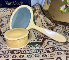 Antique Ivory Pyralin Vanity Set Mirror La France Powder Box Celluloid