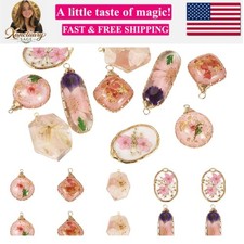 Transparent Flower Resin Charms Round Gold Edge Dried Floral Pendants Flat Ro...