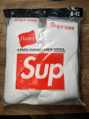 Supreme X Hanes Crew Socks - White, 4 Pack, Size 6-12