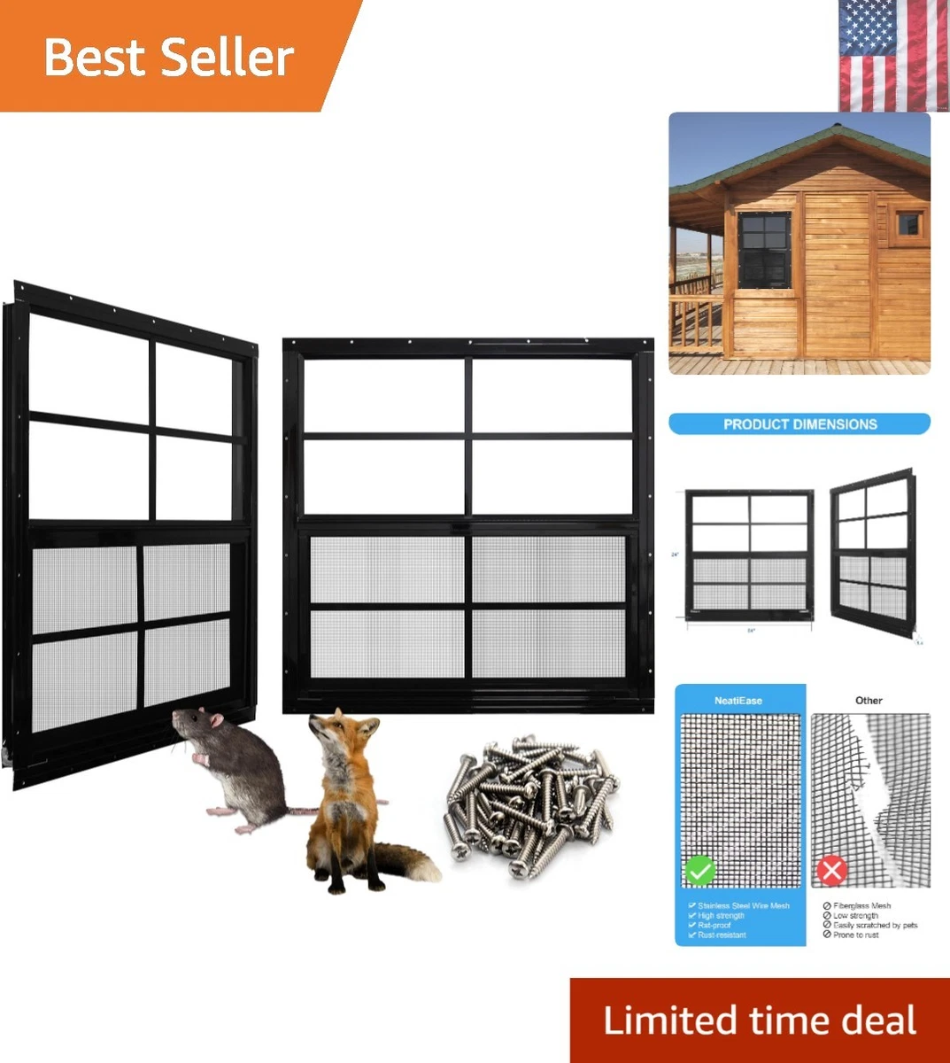 Ventana Para Cobertizo 18" X 23" Con Vidrio Templado Negro | Marco Aluminio/Fibra Vidrio | Incluye Rejilla Y Mosquitera