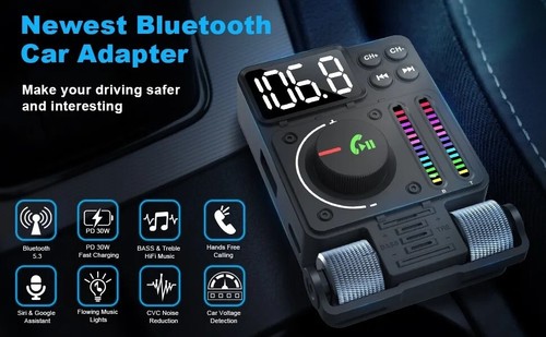 Wireless Bluetooth-5.3 FM Transmitter Radio Adapter USB Ports Car Fast Charger - Picture 3 of 12