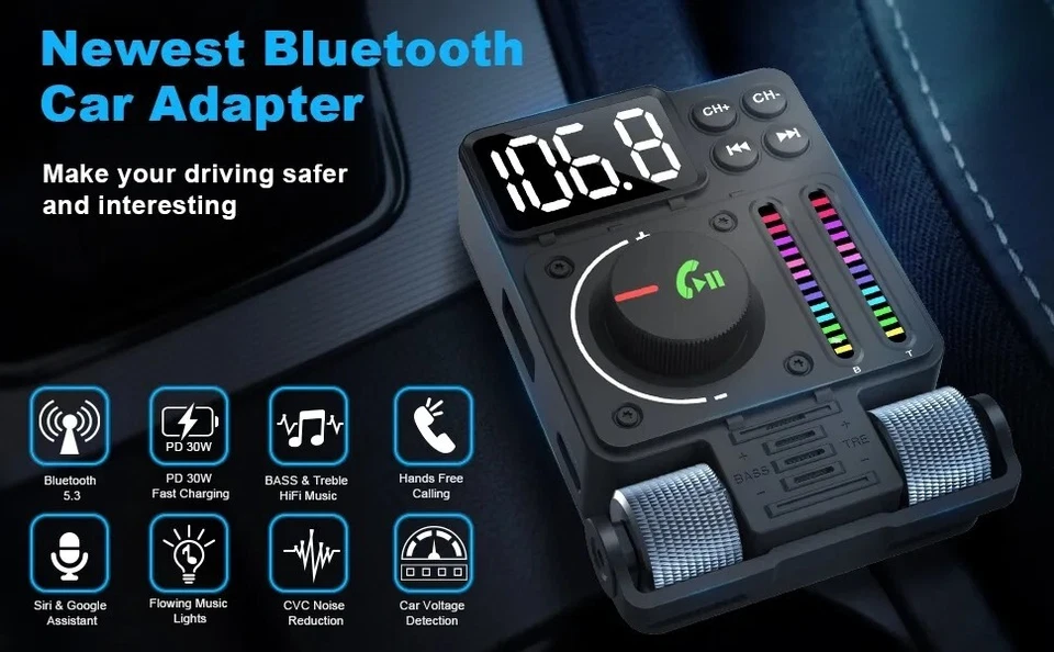 Adaptador de radio transmisor FM inalámbrico Bluetooth 5.3 puertos USB cargador rápido para automóvil ♨ Foto 3 de 4