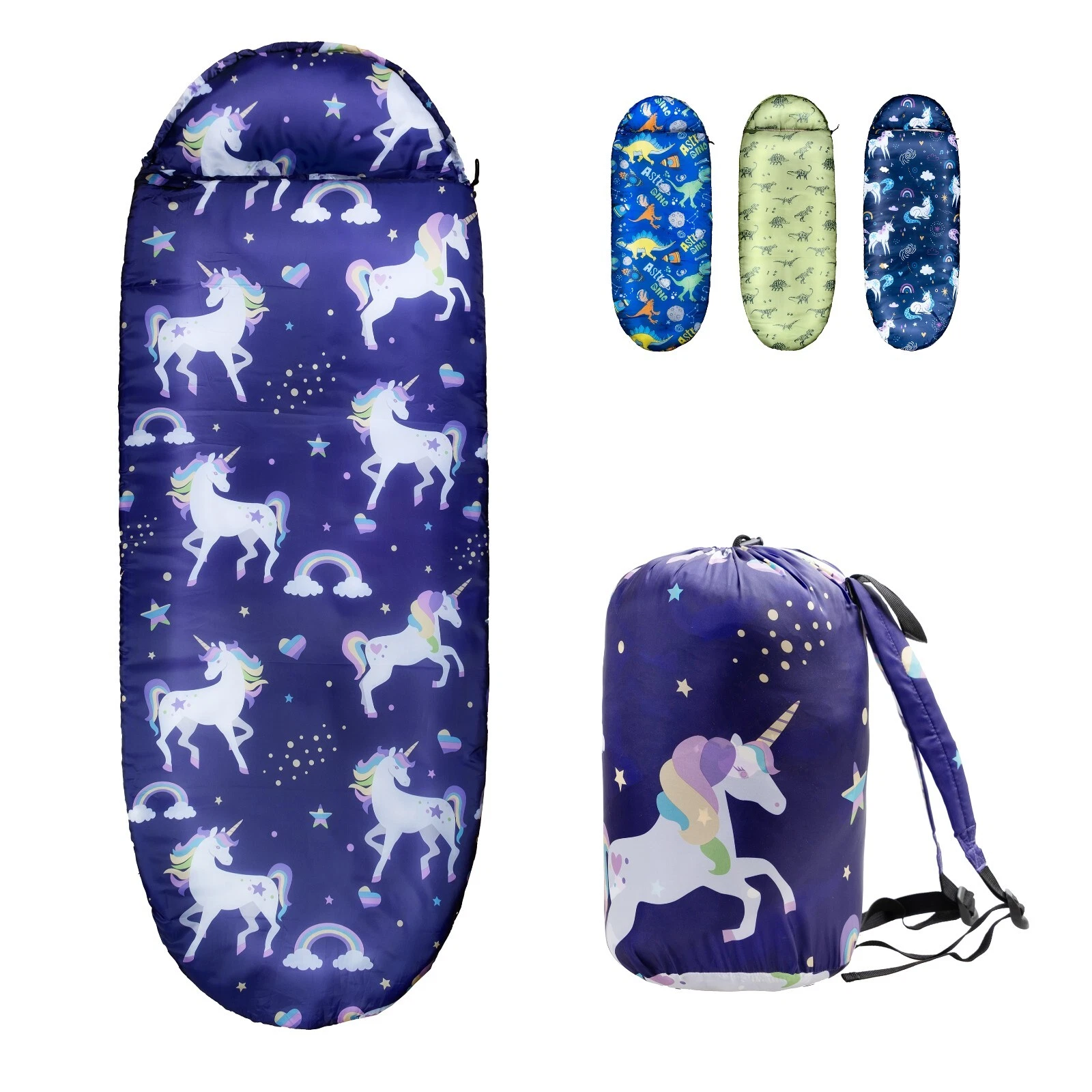 Kids Sleeping Bags for Boys Girls w. Carry Bag in Unicorn - Camping Sleepover