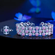 Charming Pink CZ Women Round Tennis Chain Link Amerian Crystal Bracelet Bangle