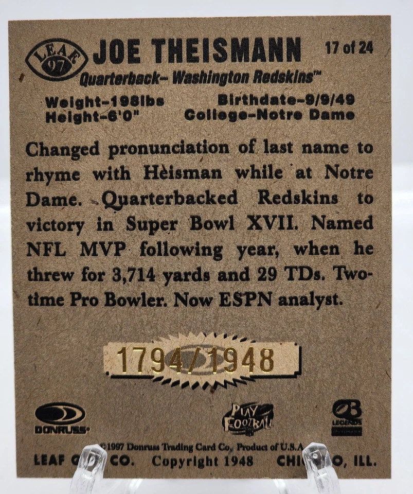 1997 Donruss Joe Theismann 1794/1948 Authentic Signature #17 Auto Redskins - Image 2 of 2