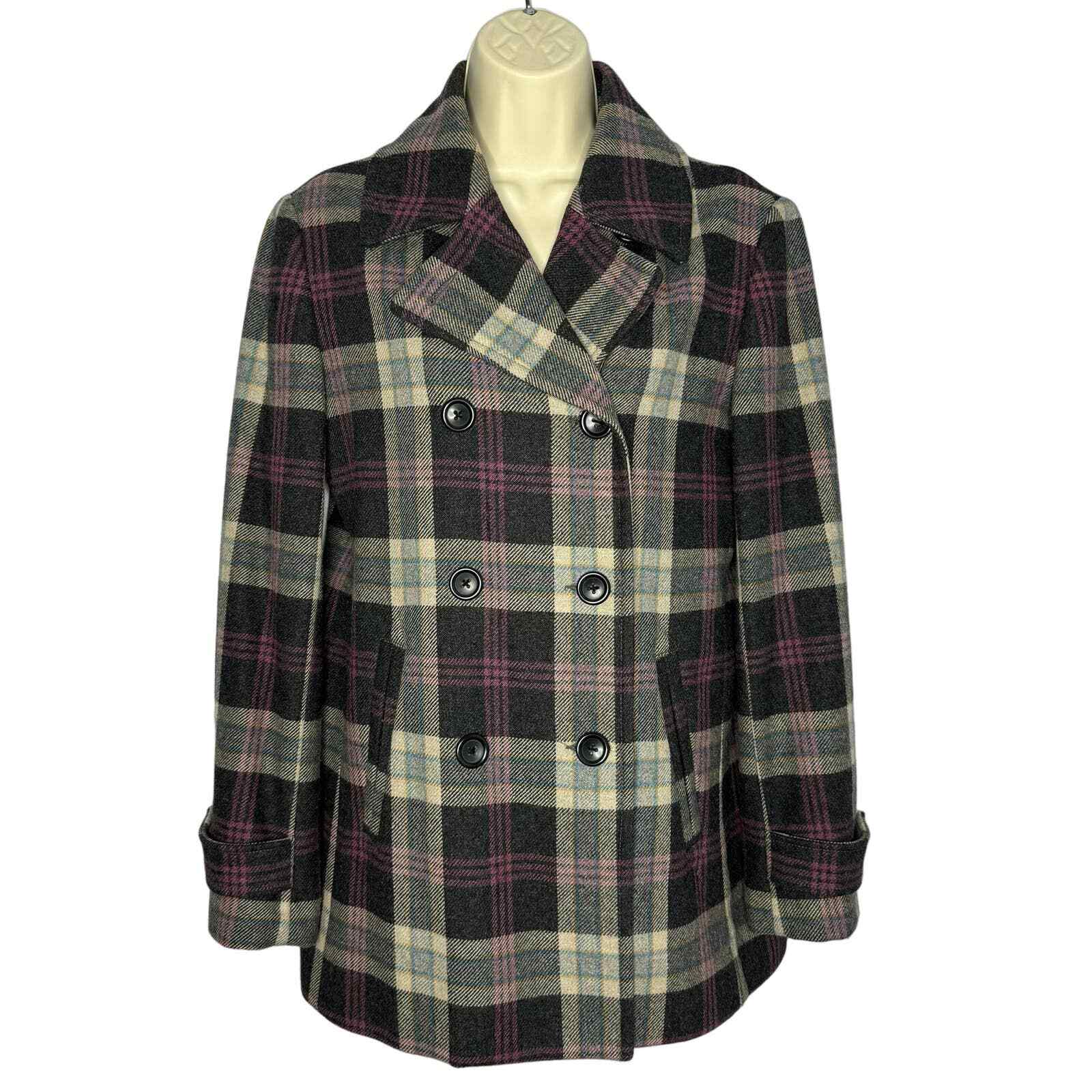 Lands End Plaid Wool Double Breasted Pea Coat Women's 6 eBay