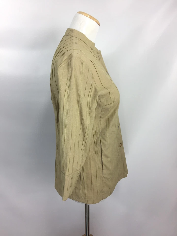 Citron Santa Monica Womens Top Bamboo Button Khaki Mandarin Collar Pleated PXS - Image 4 of 4