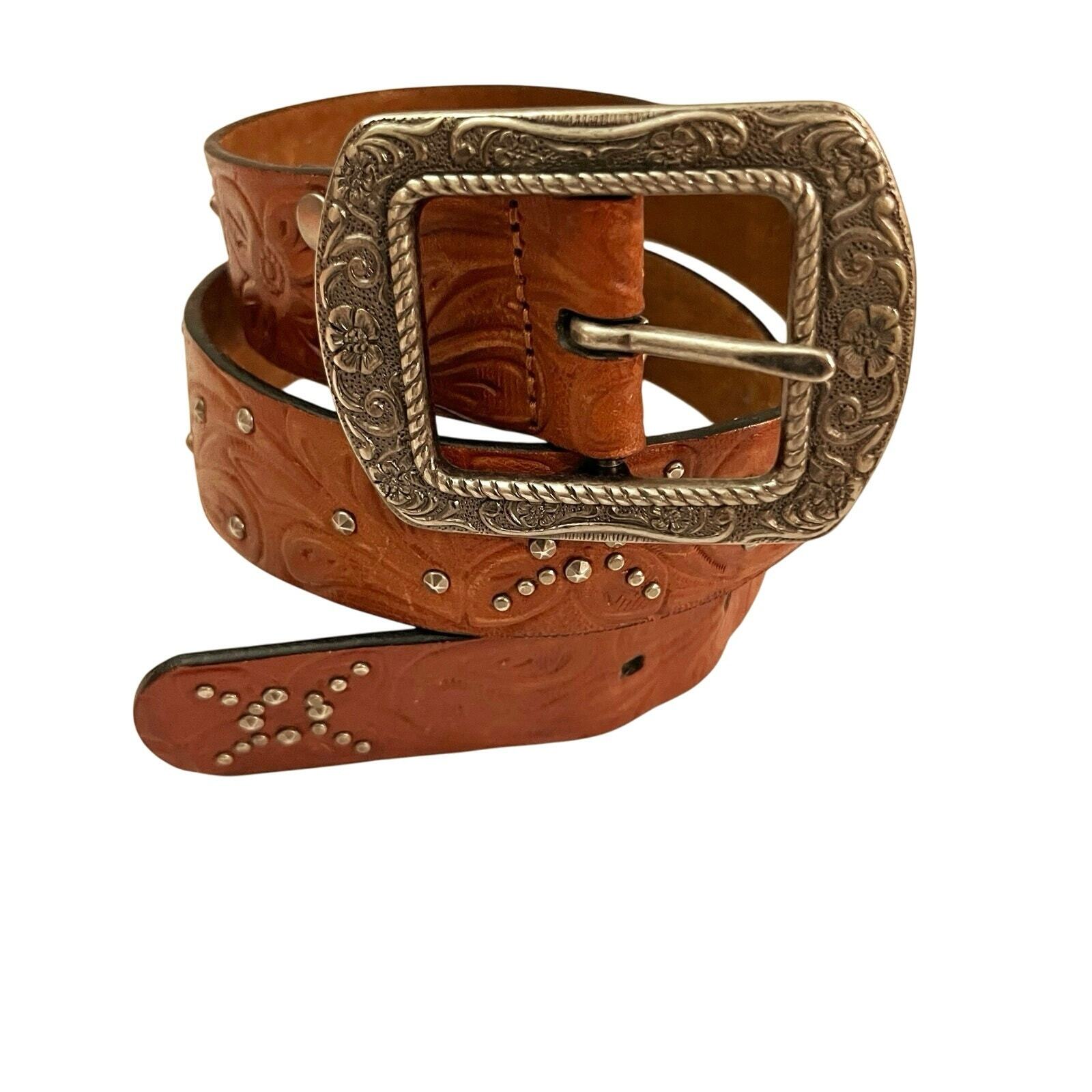 Fossil Belt Size S 29 33 Brown Genuine  Leather Tooled Studded Western Buckle