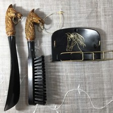 Vtg 3pc Horse Head Shoe Horn Made In Hong Kong Mid Century Modern Tie Rack Brush