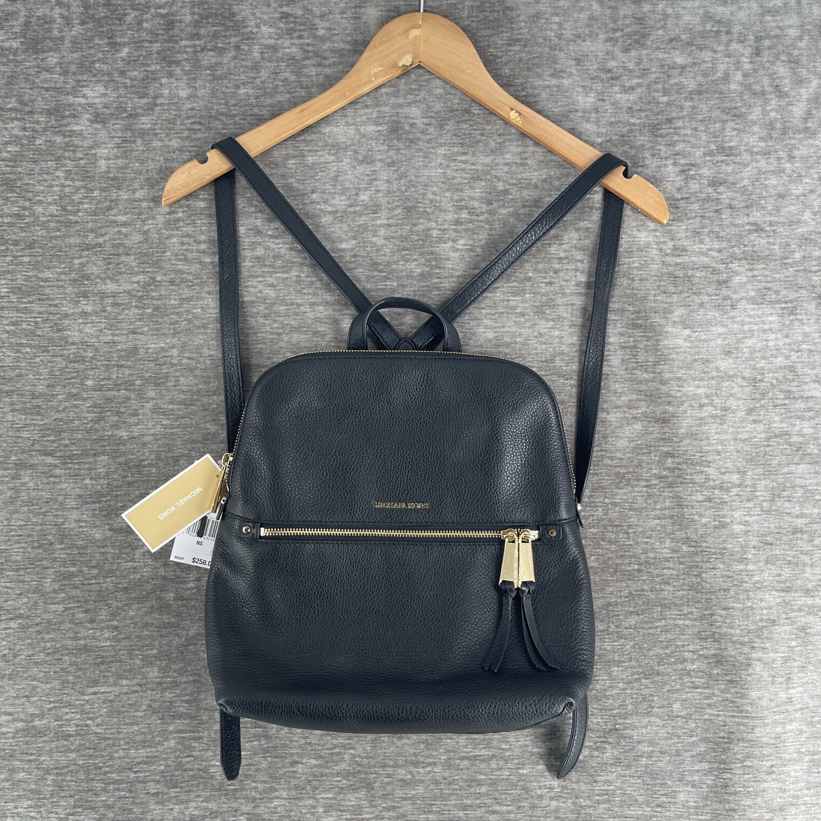 Michael Kors Rhea Medium Slim Pebbled Leather Backpack Black Logo Brand New $258