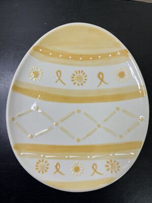 Pottery Barn Easter Holiday Egg Shaped Dish ~ Yellow Design Lattice Pattern