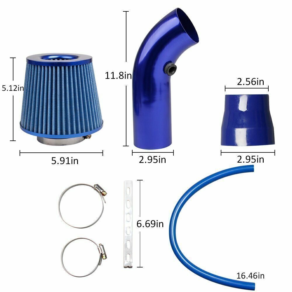 76mm Blue Car Cold Air Intake Filter Induction Kit Pipe Power Flow Hose System