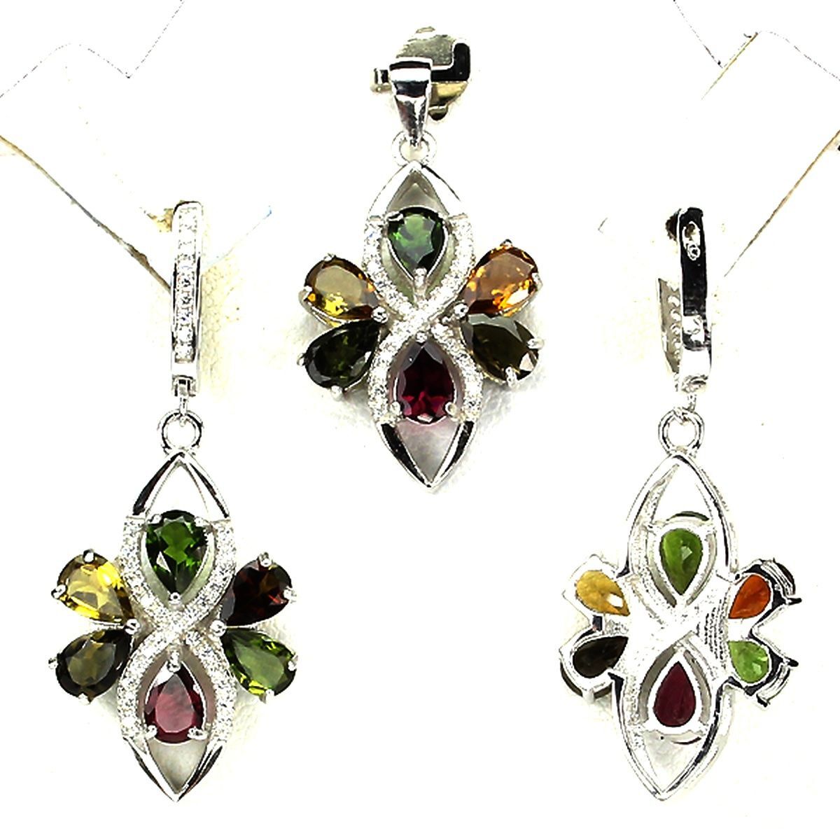 Parure en pierres de tourmaline multicolore véritables et monture en argent massif