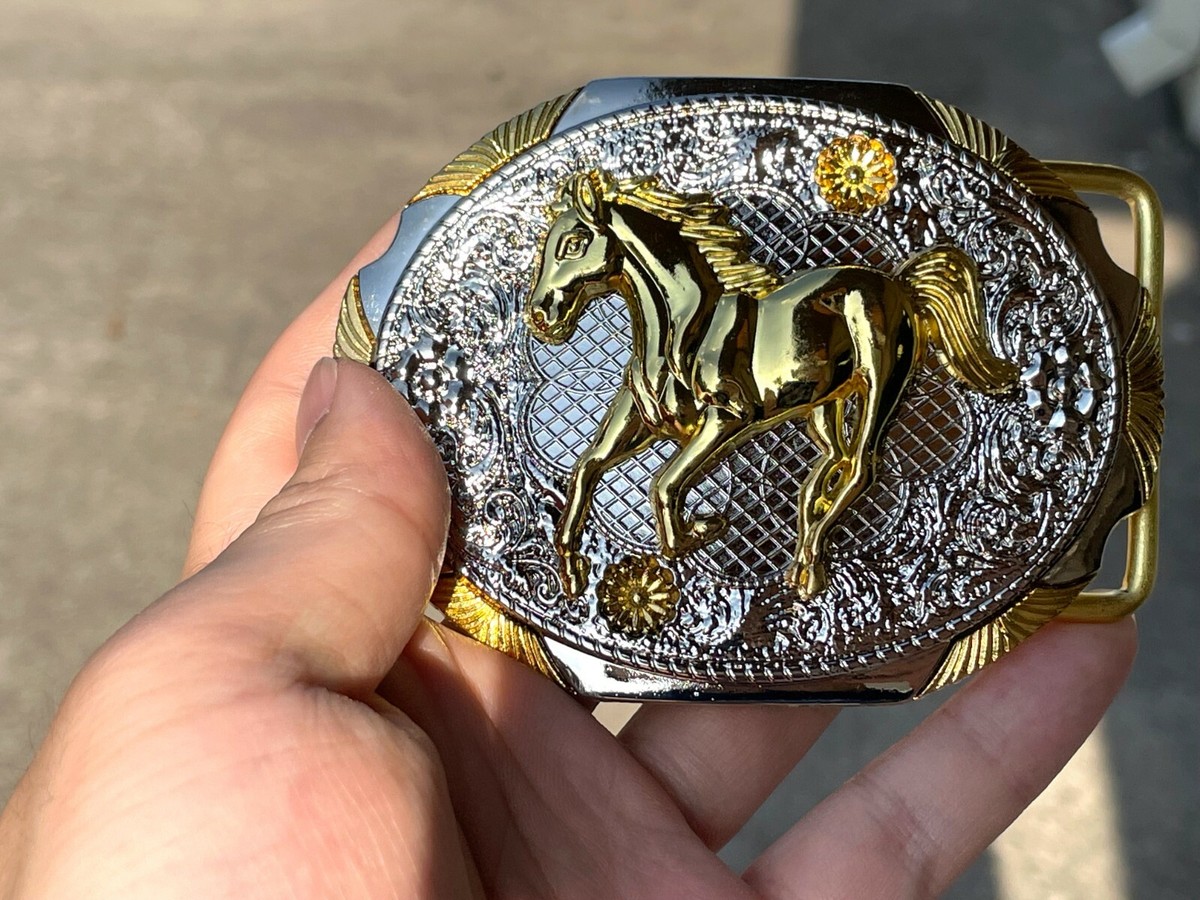 Vintage Western Style Belt Buckle Horse Themed Gold And Silver Tones 2\