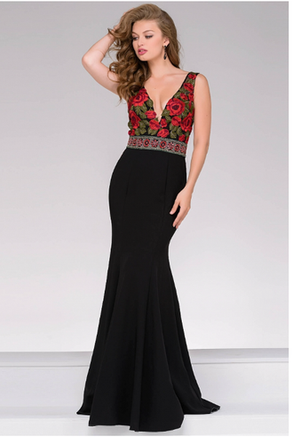 JOVANI EMBROIDERED BODICE ROSE APPLIQUÉ 