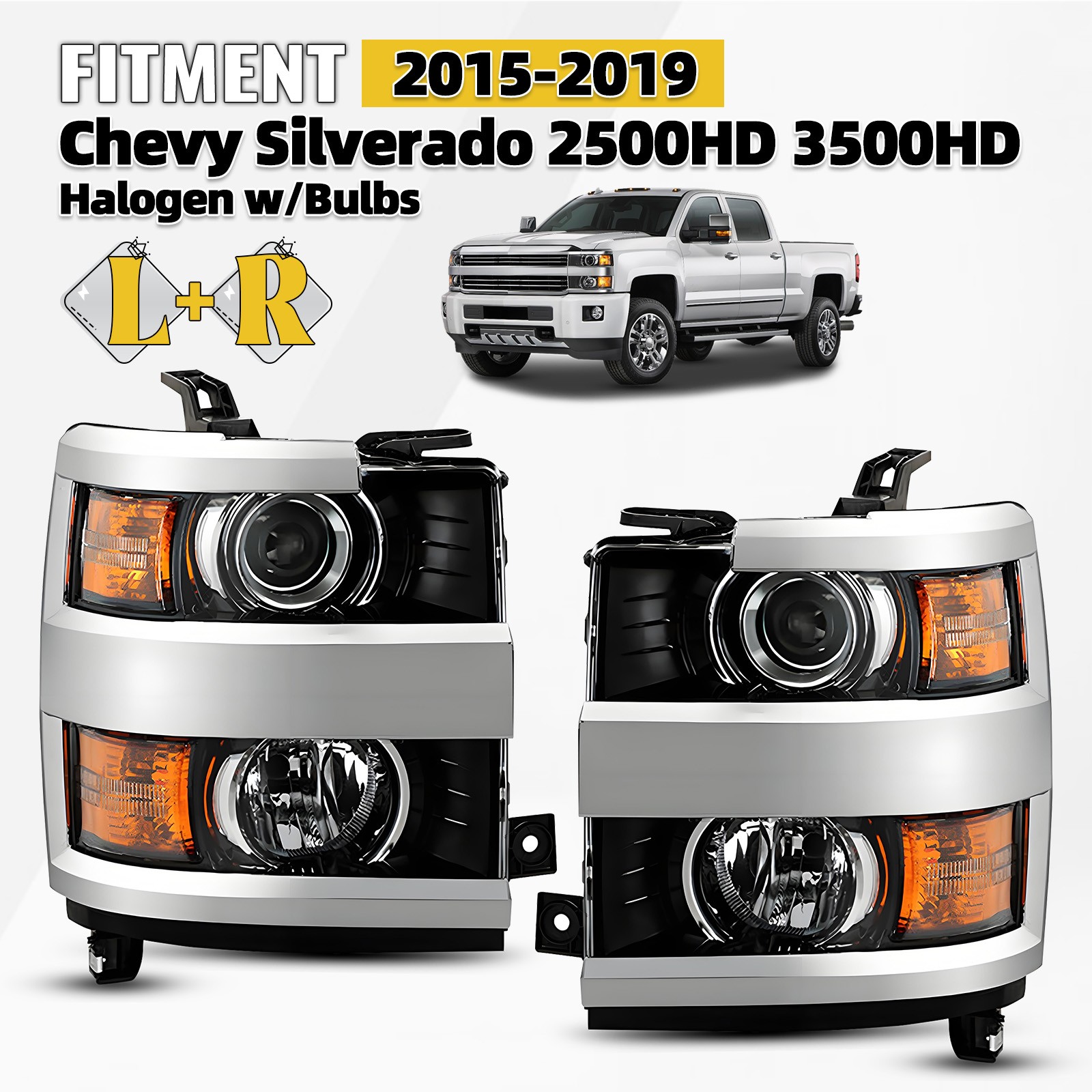 2015-2019년형 쉐보레 실버라도 2500HD 및 3500HD용 크롬 할로겐 헤드라이트 (전구 포함, 한 쌍)