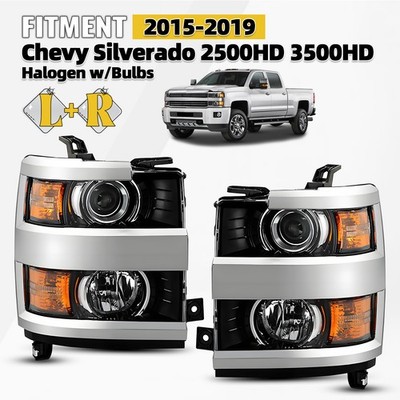 Chrome Halogen Headlight For 2015-2019 Chevy Silverado 2500HD 3500HD Pair W/Bulb