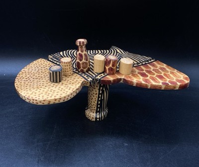 Carved Wood African Party Animals Table Cups Set Folk Art Handcrafted