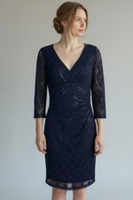 Chaps Navy Blue Sequin Lace Wrap Midi Cocktail Dress with 3/4 Sleeves, Size 2