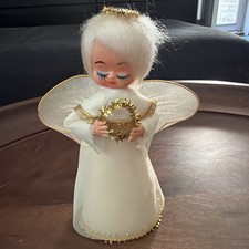 Vintage 50s/60s Angel Tree Topper Tinsel Wreath White Tulle Dress Gold Accents