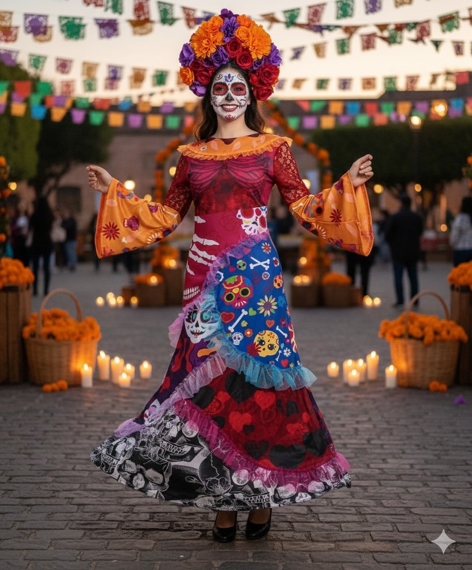 Mujer Día de Muertos Disfraz Colorido Calavera Esqueleto Vestido Elegante