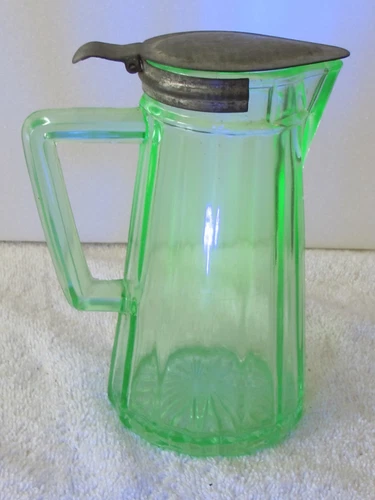 Vintage Uranium Glass Syrup Pitcher Green Depression Glass with Lid 5.75"