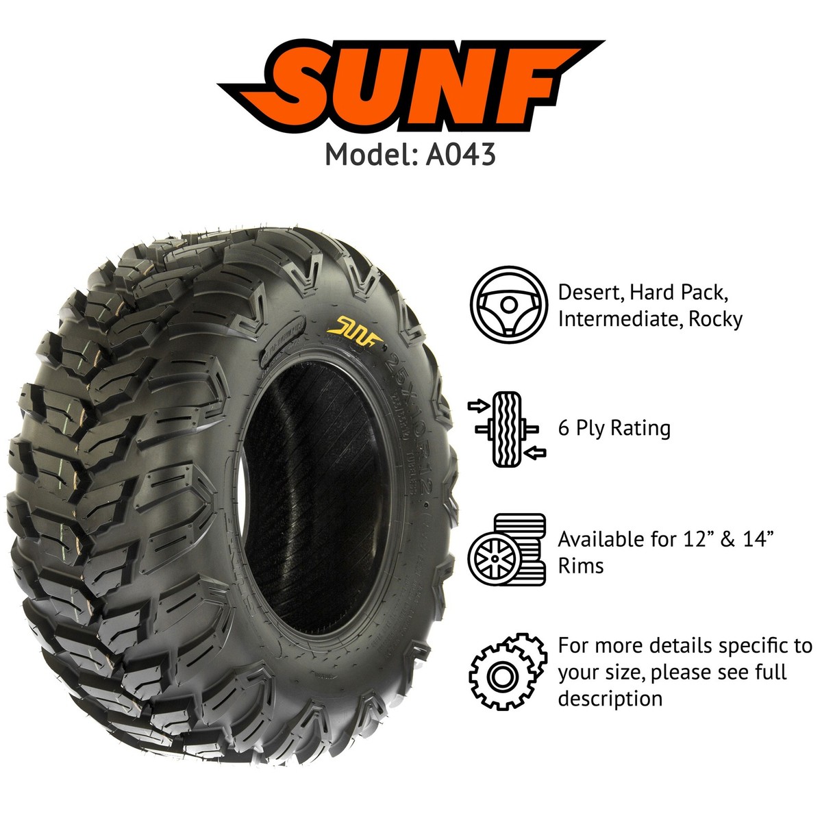 SUNF All Terrain ATV UTV Mud Tires 26x11-12, 6 Ply, Pair of