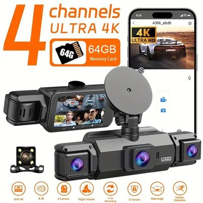 4 Channel Dash Cam for Cars 4k Car Camera 360 View Front,Rear Inside,Left Right