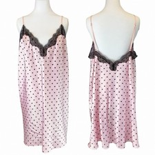 Victoria  s Secret Satin Polka Dot Lace Chemise Slip Pink Black XL NWOT
