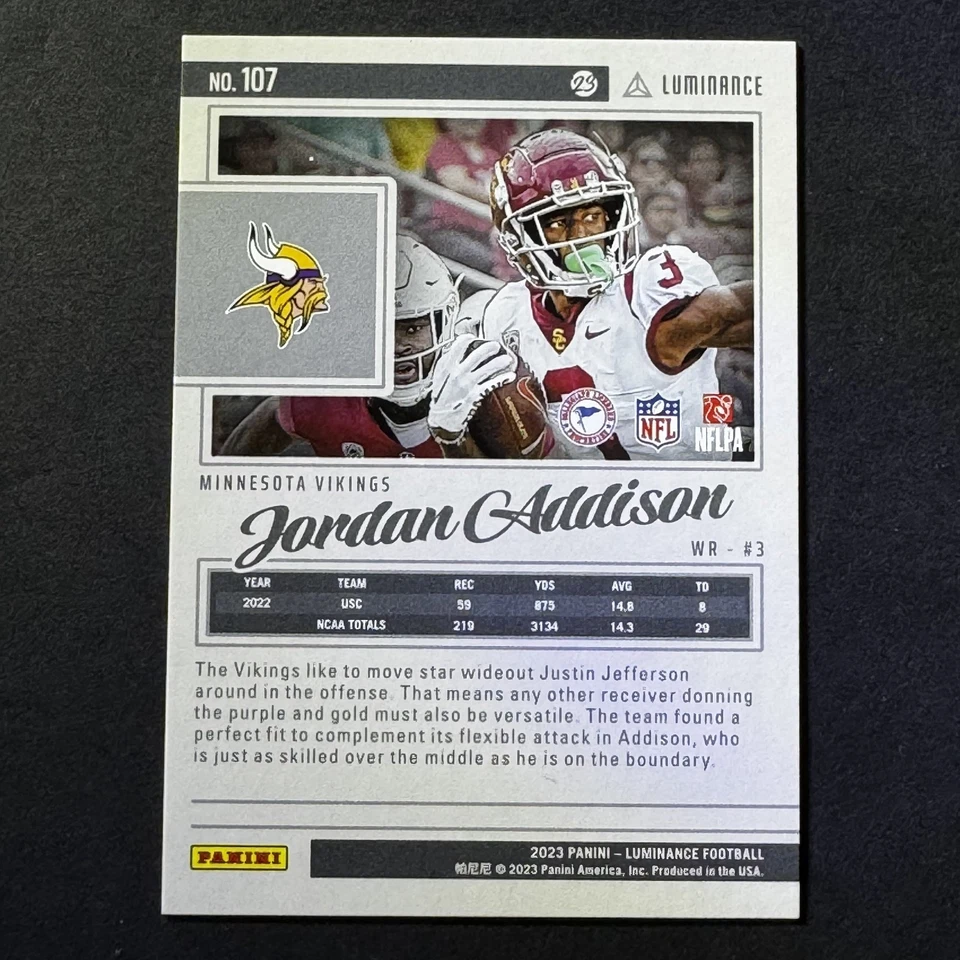 JORDAN ADDISON 2023 Panini Luminance Rookie /175 Purple #107 (RC) - Vikings - Image 2 of 3