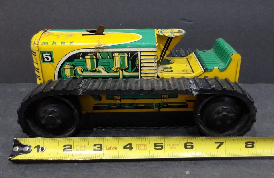 "Tractor sobre orugas Marx #5 de cuerda de la década de 1950 amarillo y verde 8"" sin conductor" Foto 4 de 4