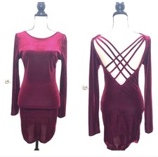 Windsor Burgundy Maroon Velvet Long Sleeve Dress Open Back