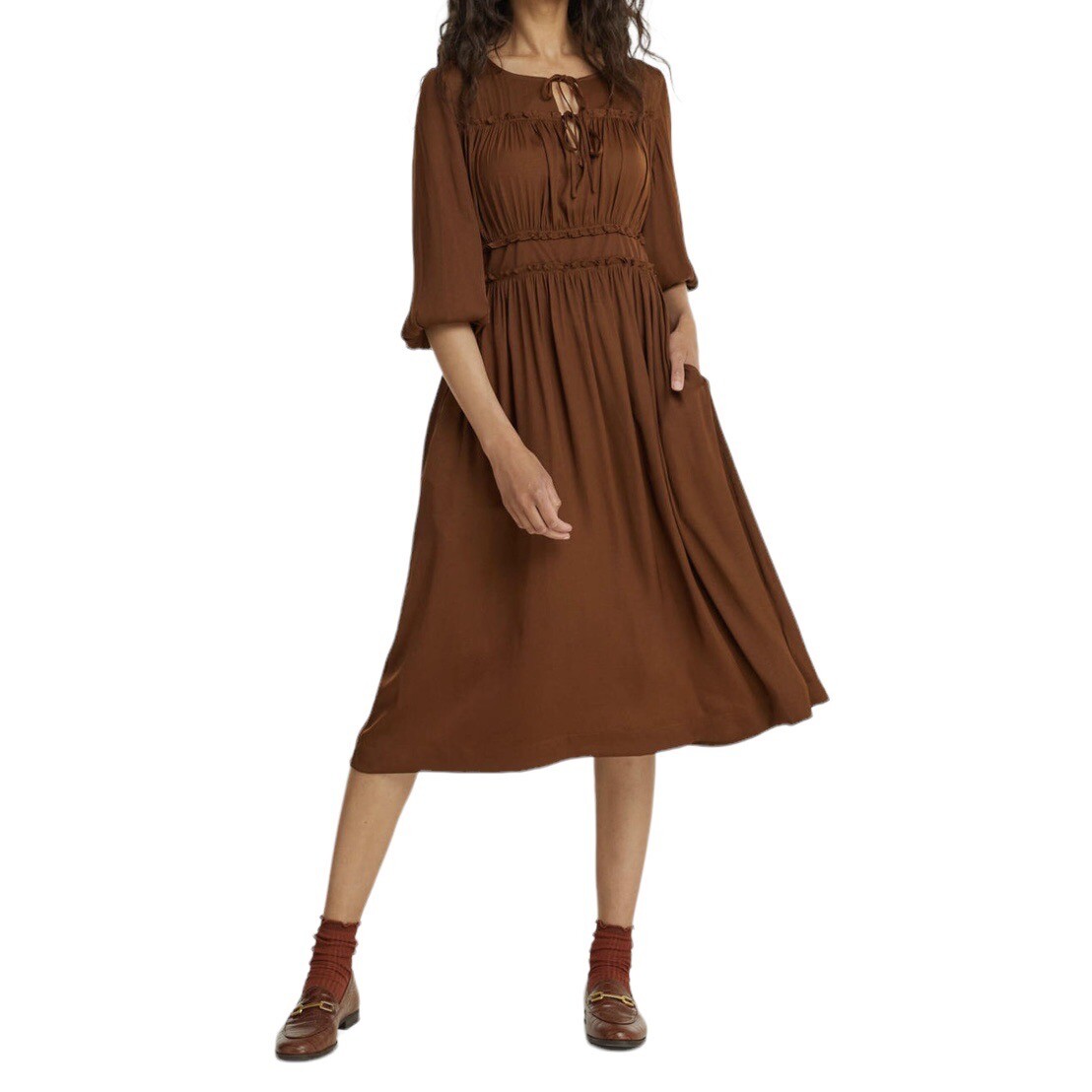 knee length dresses for ladies Midi shirt dress with tied waist and ruffles – Scotch & Soda main image 0