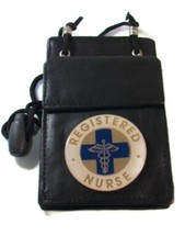 RN REGISTERED NURSE BLACK LEATHER ID / BADGE HOLDER POUCH with lanyard