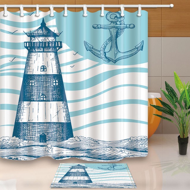 Nautical Anchor and Lighthouse Fabric Shower Curtain with 12 Hooks