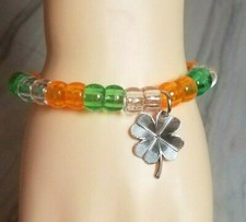 St. Patrick's Day Lucky 4 Leaf Clover Irish Flag Chunky Beaded Bracelet