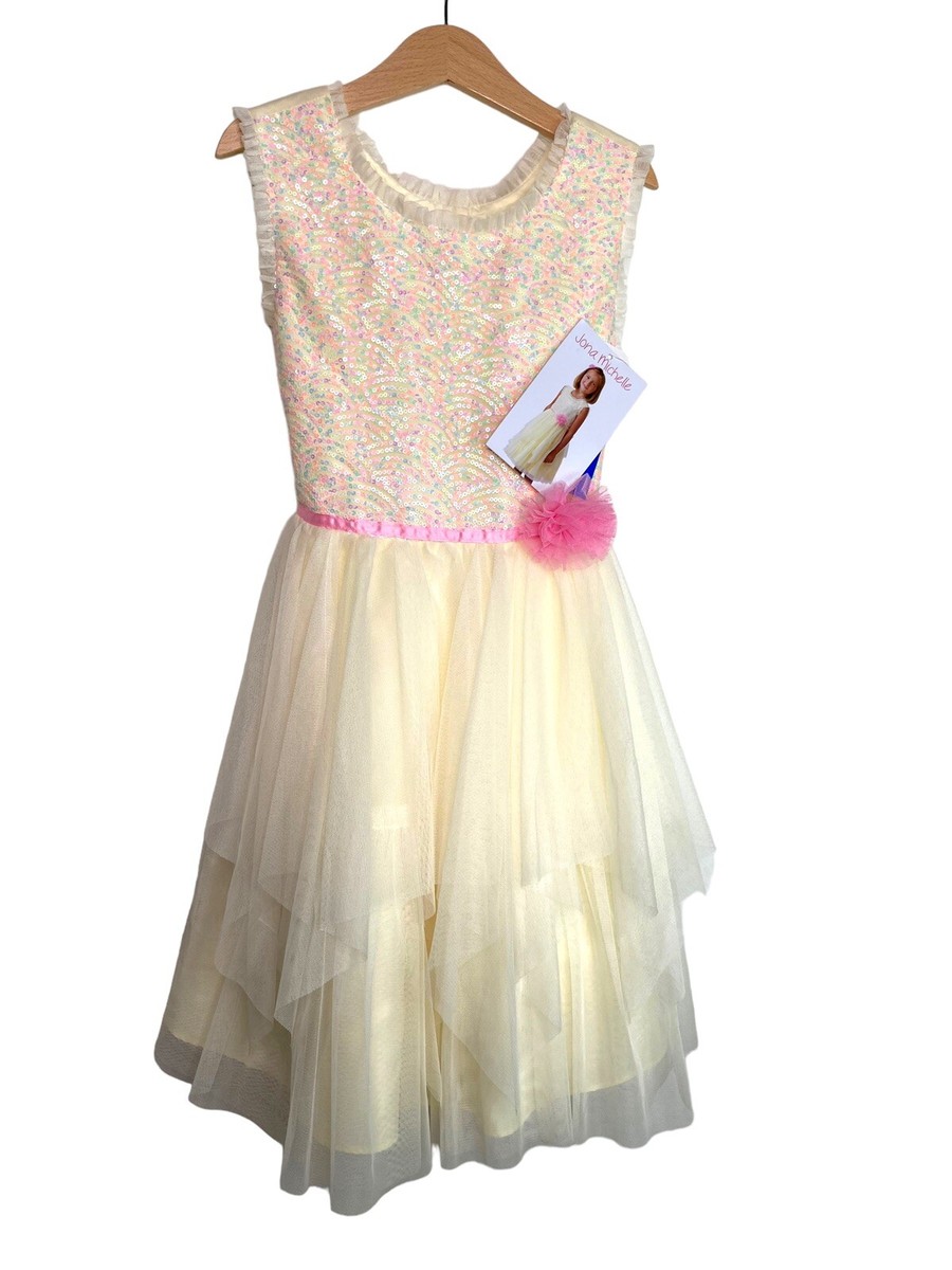 Jona Michelle Girls Yellow Sequins Layered Tulle Sleeveless Dress NWT 7