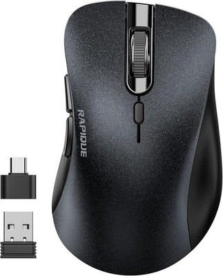 Wireless Mouse, 2.4G Silent Computer Mice with USB Receiver & Type-C Black 