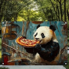 Surreal Panda Eating Pizza Metal Square Wall Art