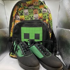 Heelys Minecraft Creeper Shoes With Kids Backpack Green/Black.  Shoe Size 7.