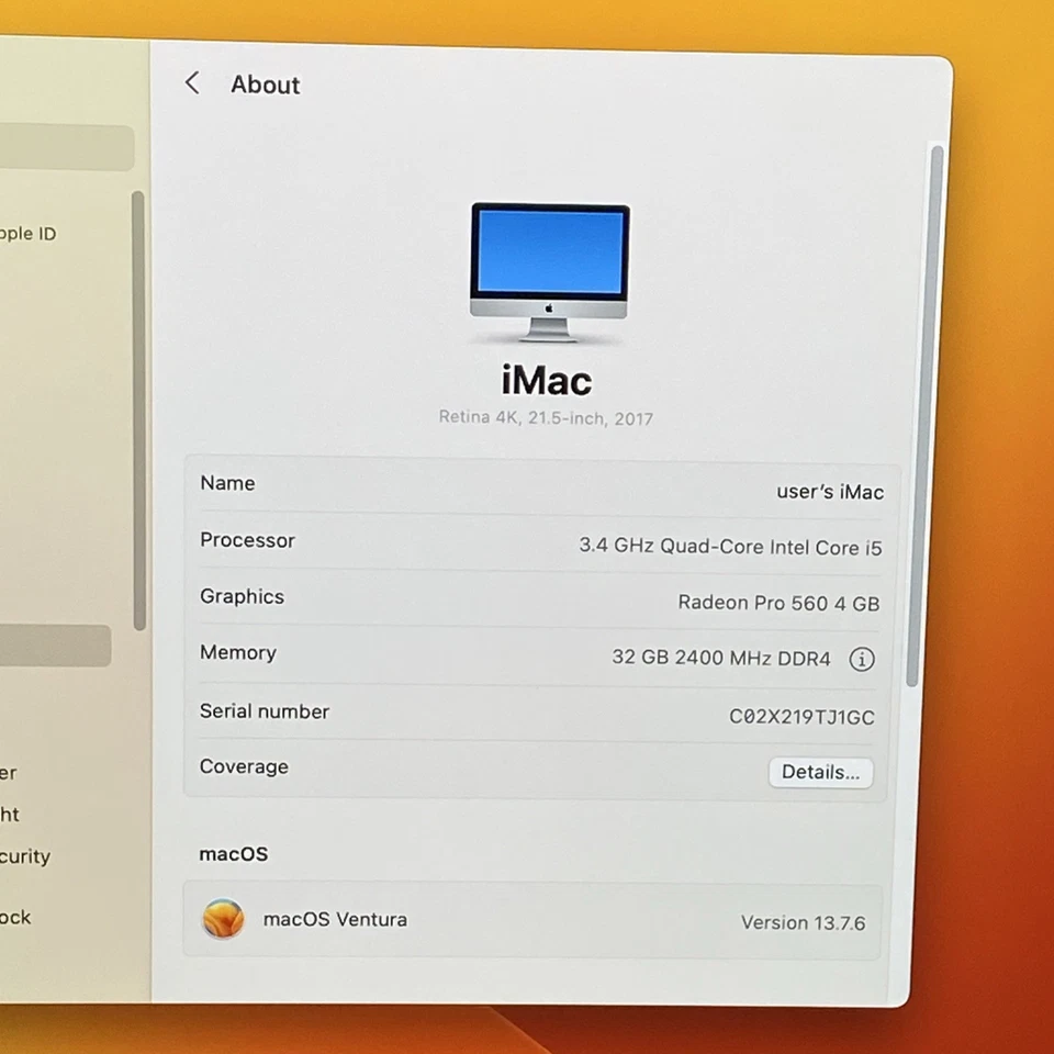Apple A1418 iMac Retina 4k 21.5" 2017 3.4GHz i5 32GB RAM 1TB HDD os13.7.6 - Image 2 of 4