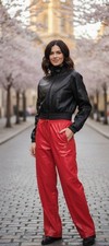 Adidas Originals Pleather TrackTop Black Jacket Firebird Faux Leather Red PantXS