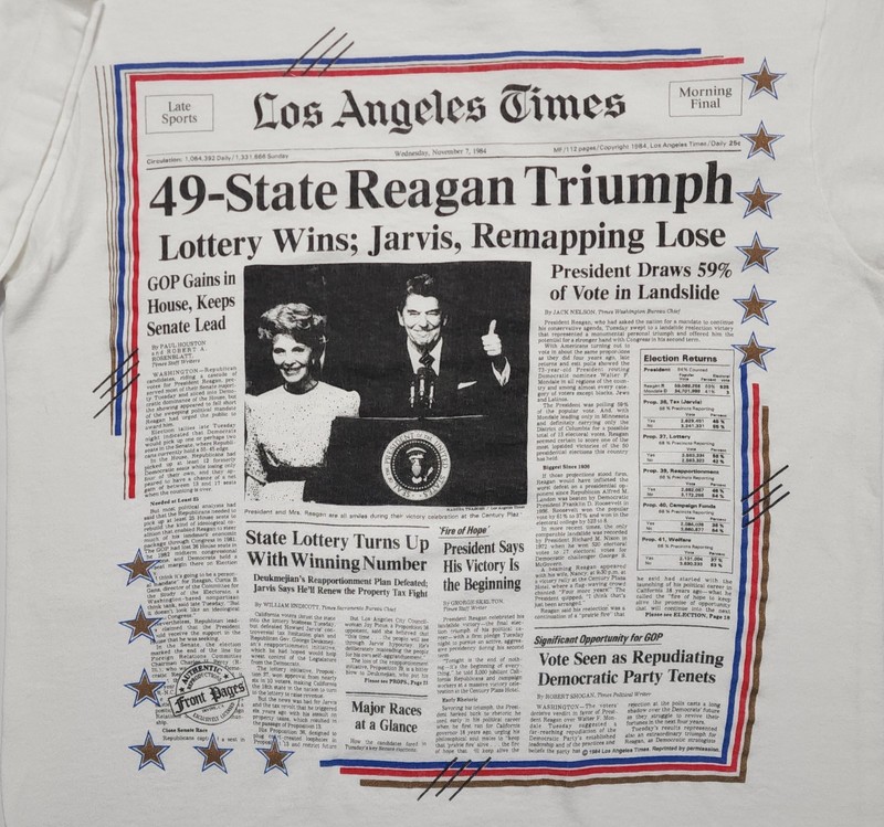 Vintage 1980-90s President Ronald Reagan Front Pages LA Times USA Medium Shirt