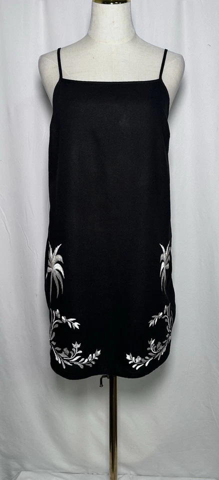 Calypso St. Barth Dress Shift Mini Small Spaghetti Linen Embroidered Black - Image 3 of 4