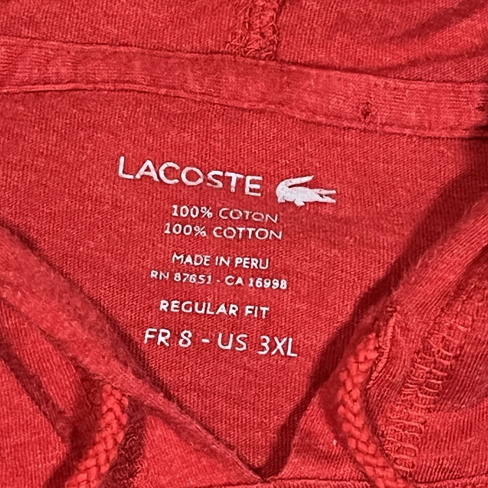 Lacoste 男式长袖连帽 T 恤尺寸 3XL 红色棉质标准版型 — 第 3/4 张图片