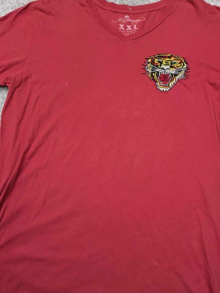 Ed Hardy Shirt Mens 2XL Red V Neck Tiger Embroidered Graphic Cotton Tee Made USA - Image 2 of 4